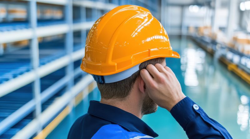 Manufacturing worker fitting hearing device to support hearing loss in manufacturing article