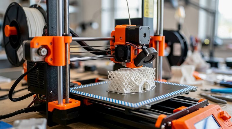 Industrial 3D printing equipment producing components inside a modern automated manufacturing facility