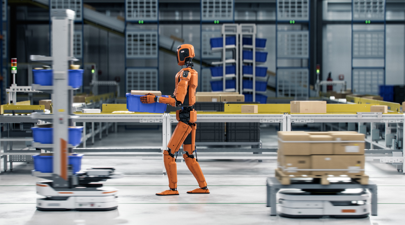 Side view of Industrial Autonomous AI Enabled General Purpose Humanoid Robot Carrying a Package