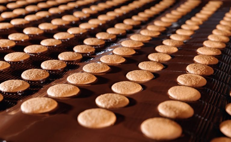 Cookies on manufacturing conveyor belt