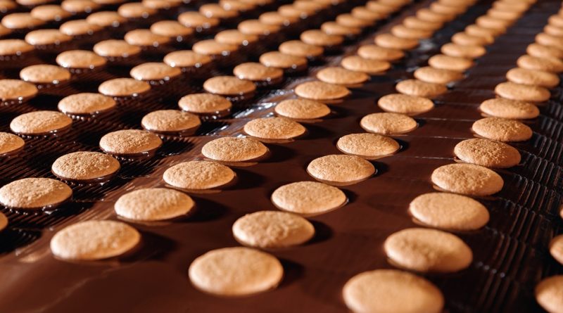 Cookies on manufacturing conveyor belt