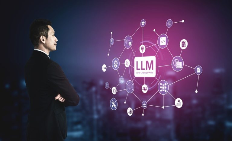 Man starring at a project image of a LLM