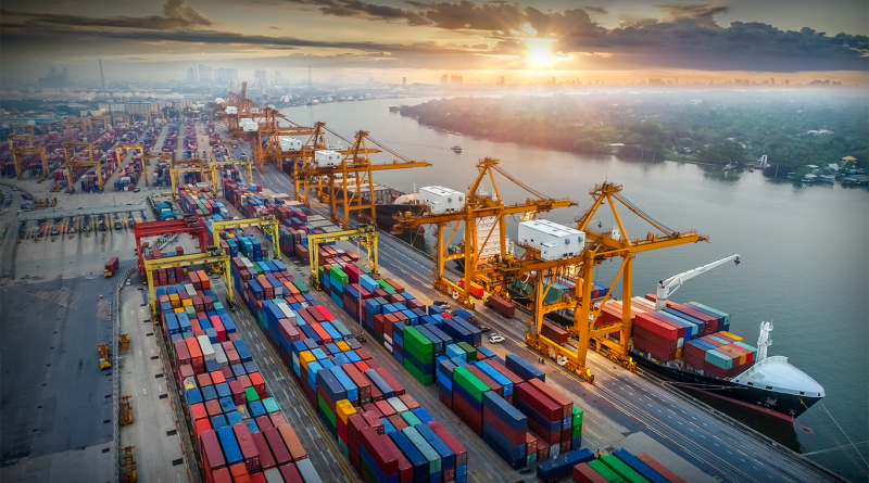 Logistics and transportation of Container Cargo ship and Cargo plane with working crane bridge in shipyard at sunrise