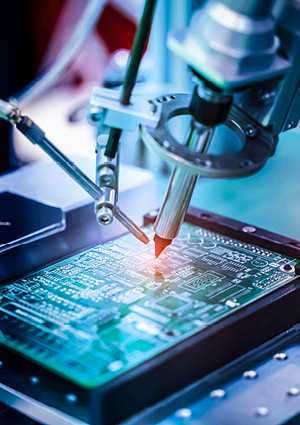 an automated robotic soldering machine assembling a green printed circuit board