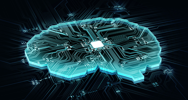 a digital conceptual illustration of an artificial intelligence brain made of glowing blue electronic circuits