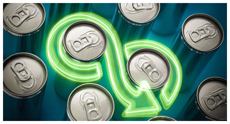 several aluminum beverage cans viewed from a top-down, slightly angled perspective against a vibrant teal background