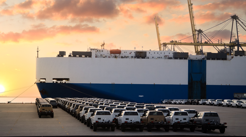 New car lined up in the port for import export around the world