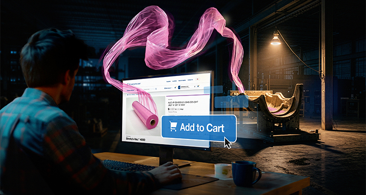a person sitting at a desk in a dimly lit, industrial workshop or warehouse setting, looking at a computer monitor that shows an e-commerce website
