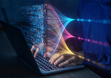 a person typing on a laptop with a digital overlay representing data processing, code streams, and artificial intelligence