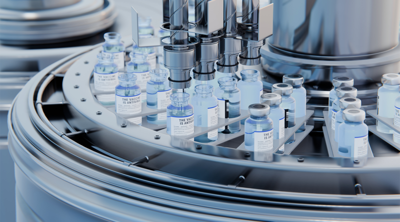 Drug manufacturing process. Line with medical ampoules line at a modern pharmaceutical plant.