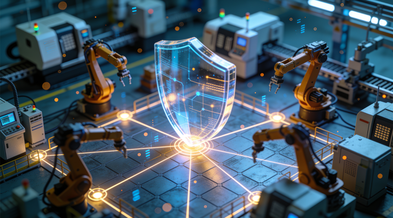 Industrial robotic arms surrounding a glowing digital cybersecurity shield in a smart factory, representing manufacturing cybersecurity and protection of automated production systems.