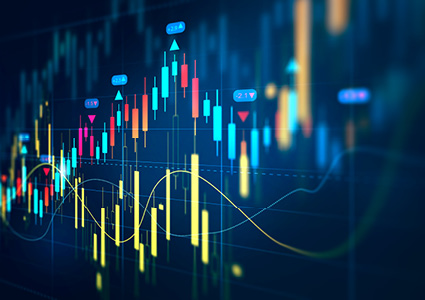 a financial trading chart featuring glowing candlesticks and market trend lines