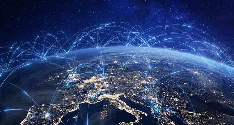 a stylized view of Earth at night with digital network connection lines centered over Europe