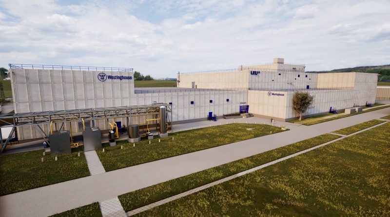 Rendering of Westinghouse’s planned LEU+ nuclear fuel factory in Hopkins, South Carolina, with lawns and outdoor pipework.